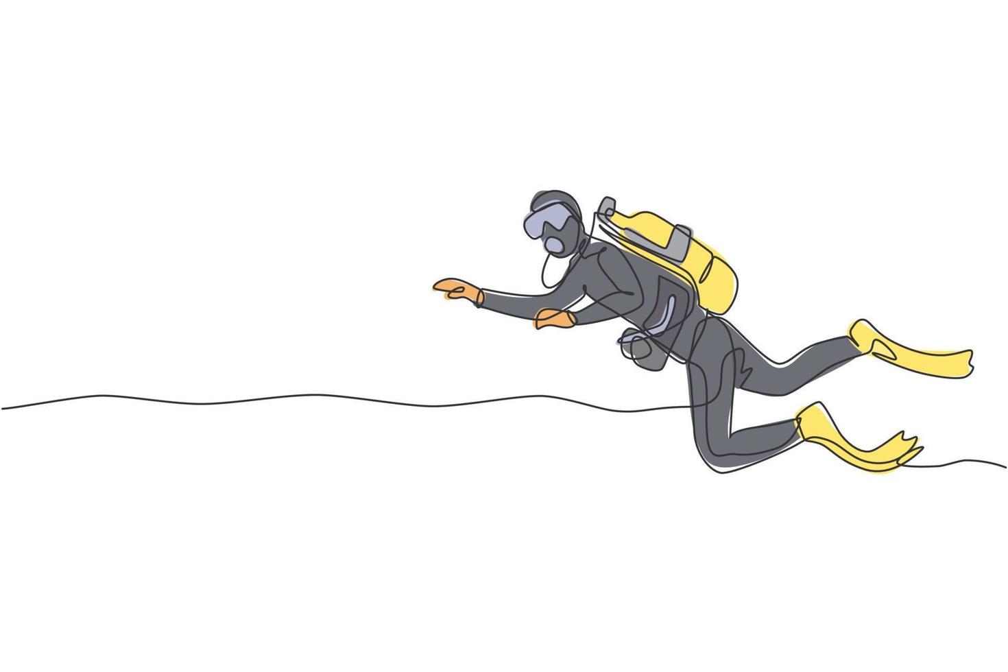 One single line drawing young energetic man do scuba diving at sea ocean to see underwater life world vector illustration graphic. Healthy lifestyle sport concept. Modern continuous line draw design