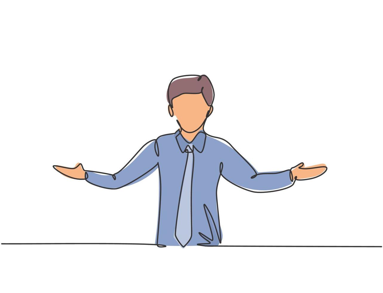 Continuous one line drawing young male worker stretched out his arms. Business presentation to find out solution minimalist concept. Single line draw design vector graphic illustration