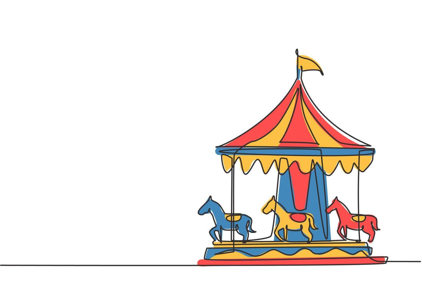 Single continuous line drawing of a horse carousel in an amusement park spinning in a circle under a striped tent with a flag on it. Play on funfair. One line draw graphic design vector illustration.