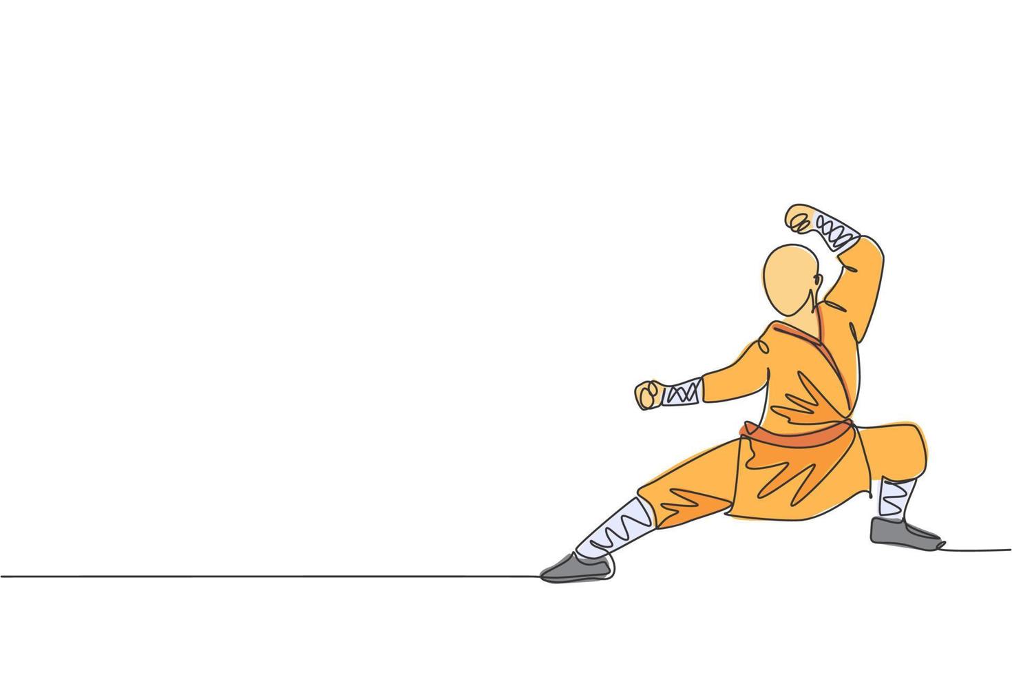 Single continuous line drawing young muscular shaolin monk man train martial art at shaolin temple. Traditional Chinese kung fu fight concept. Trendy one line draw graphic design vector illustration