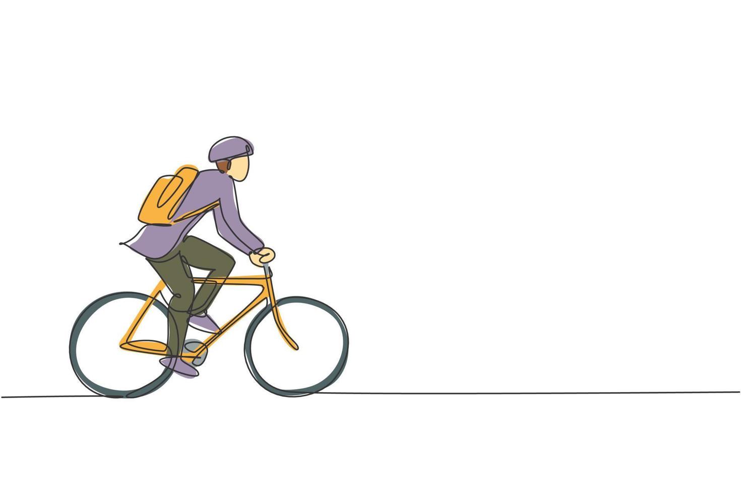 Single continuous line drawing young professional businessman riding bicycle to his company. Bike to work, eco friendly transportation concept. Trendy one line draw design graphic vector illustration
