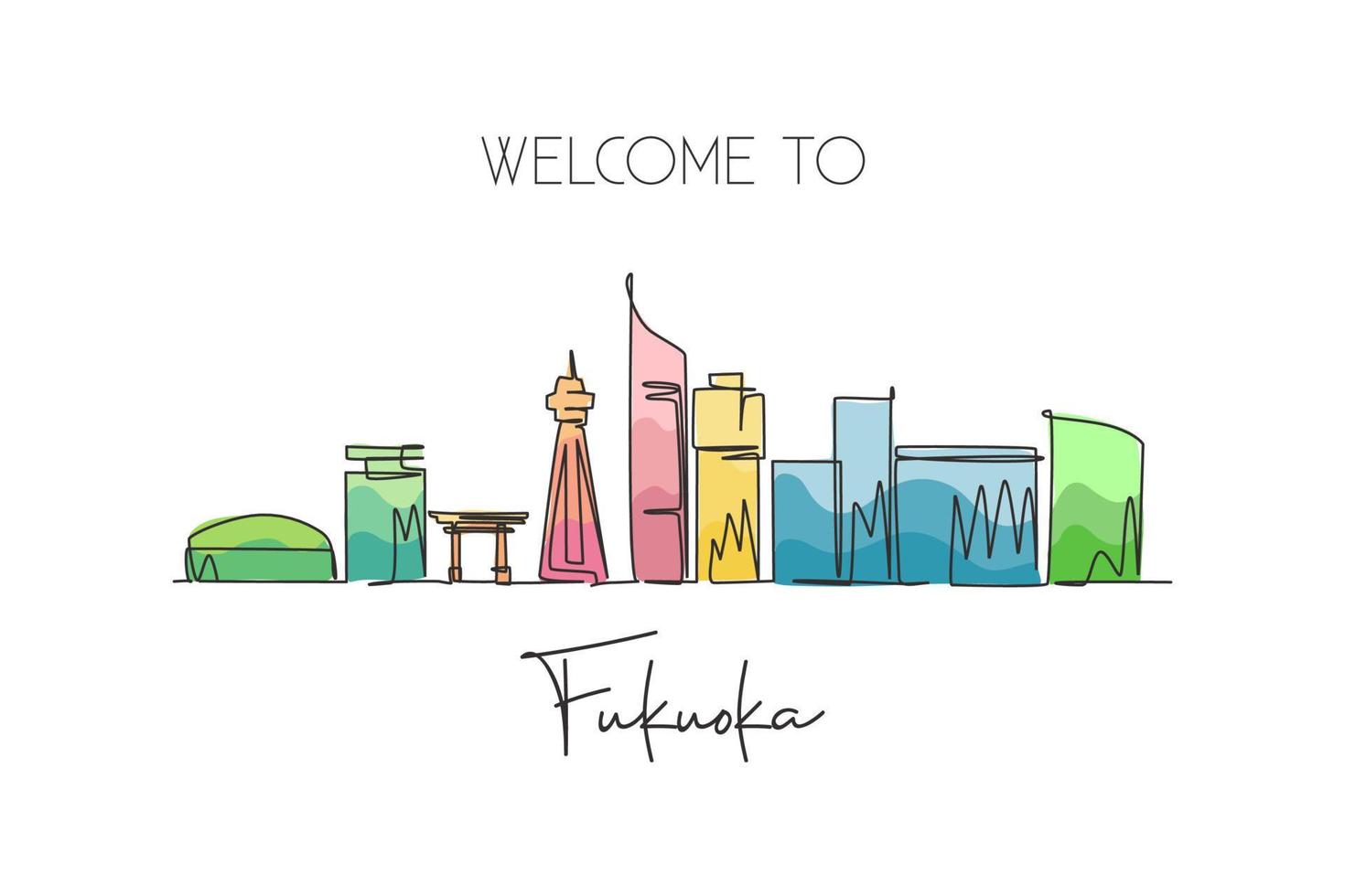 One single line drawing of Fukuoka city skyline, Japan. Historical town landscape in the world. Best holiday destination poster. Editable stroke trendy continuous line draw design vector illustration