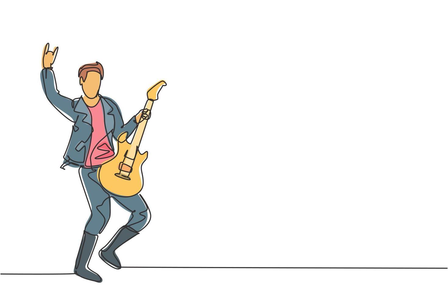 One single line drawing of young happy male guitarist playing electric guitar on music festival stage. Musician artist performance concept continuous line draw design vector graphic illustration