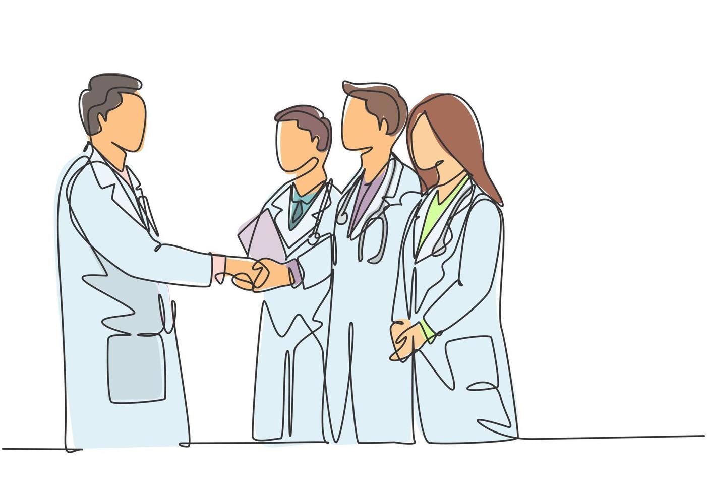 One continuous single line drawing of hospital head giving congratulate handshake to group of doctors for the achievements. Medical award concept single line draw graphic design vector illustration