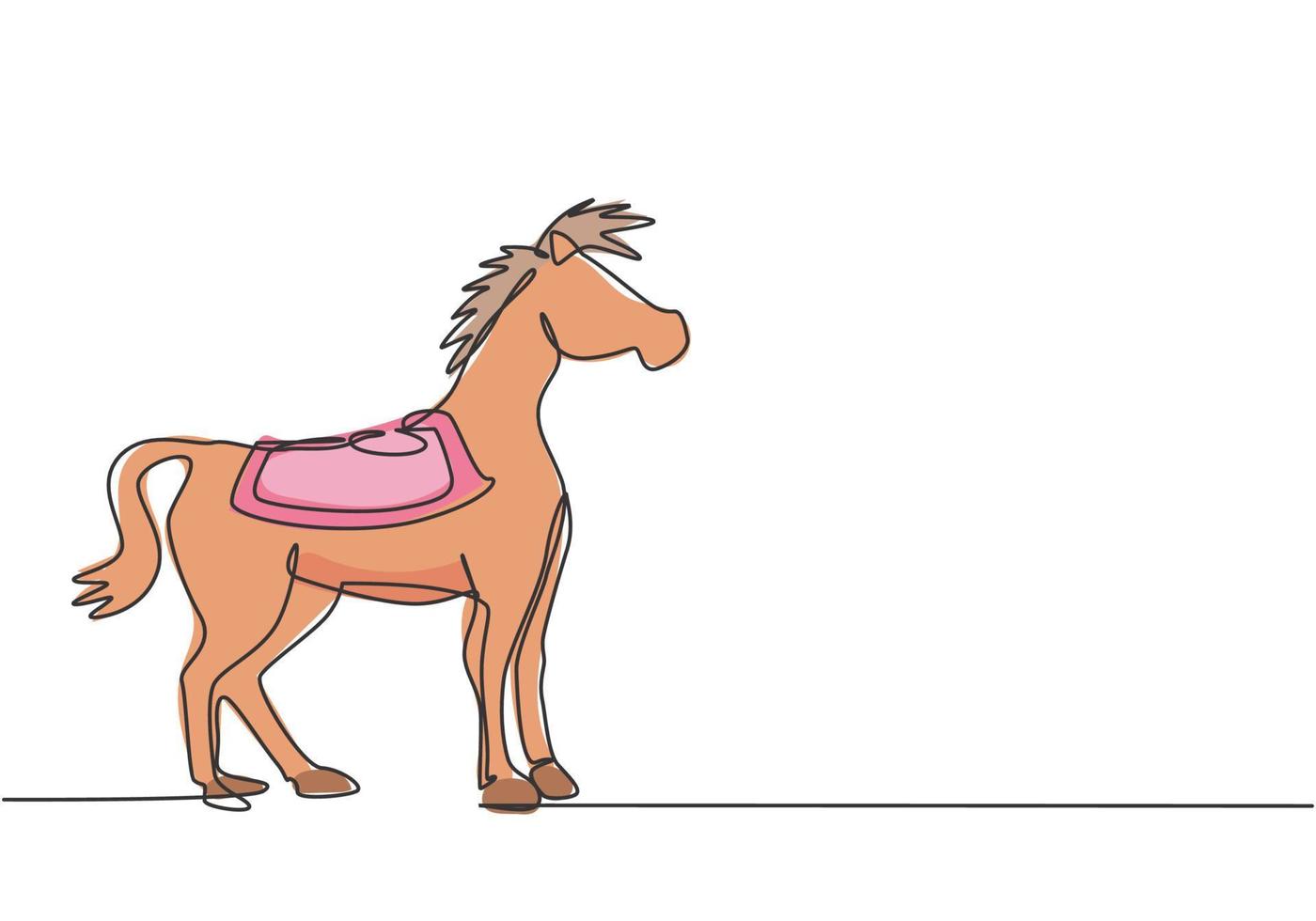 Una sola línea continua dibujando un caballo de circo parado en la arena del espectáculo, mirando hacia adelante y preparándose para realizar una atracción. caballo altamente calificado. Ilustración de vector de diseño gráfico de dibujo de una línea