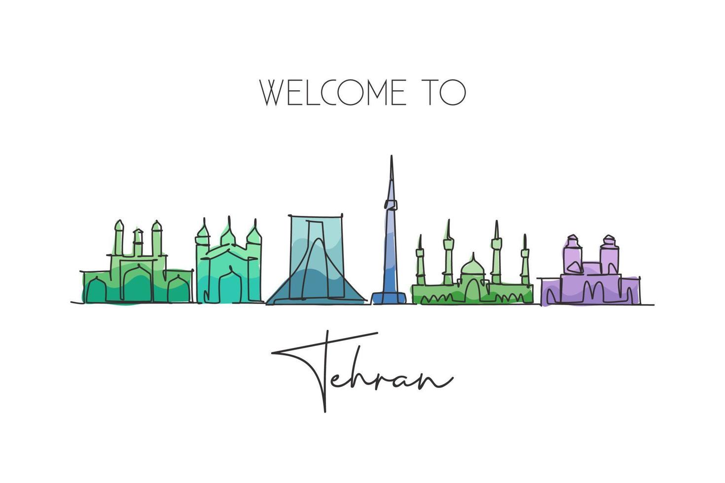 Single continuous line drawing of Tehran city skyline, Iran. Famous city scraper and landscape home wall decor poster art print. World travel concept. Modern one line draw design vector illustration