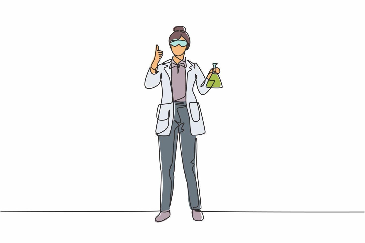 Single continuous line drawing female scientist stands with a thumbs-up gesture and holding a measuring tube filled with a chemical liquid. Dynamic one line draw graphic design vector illustration