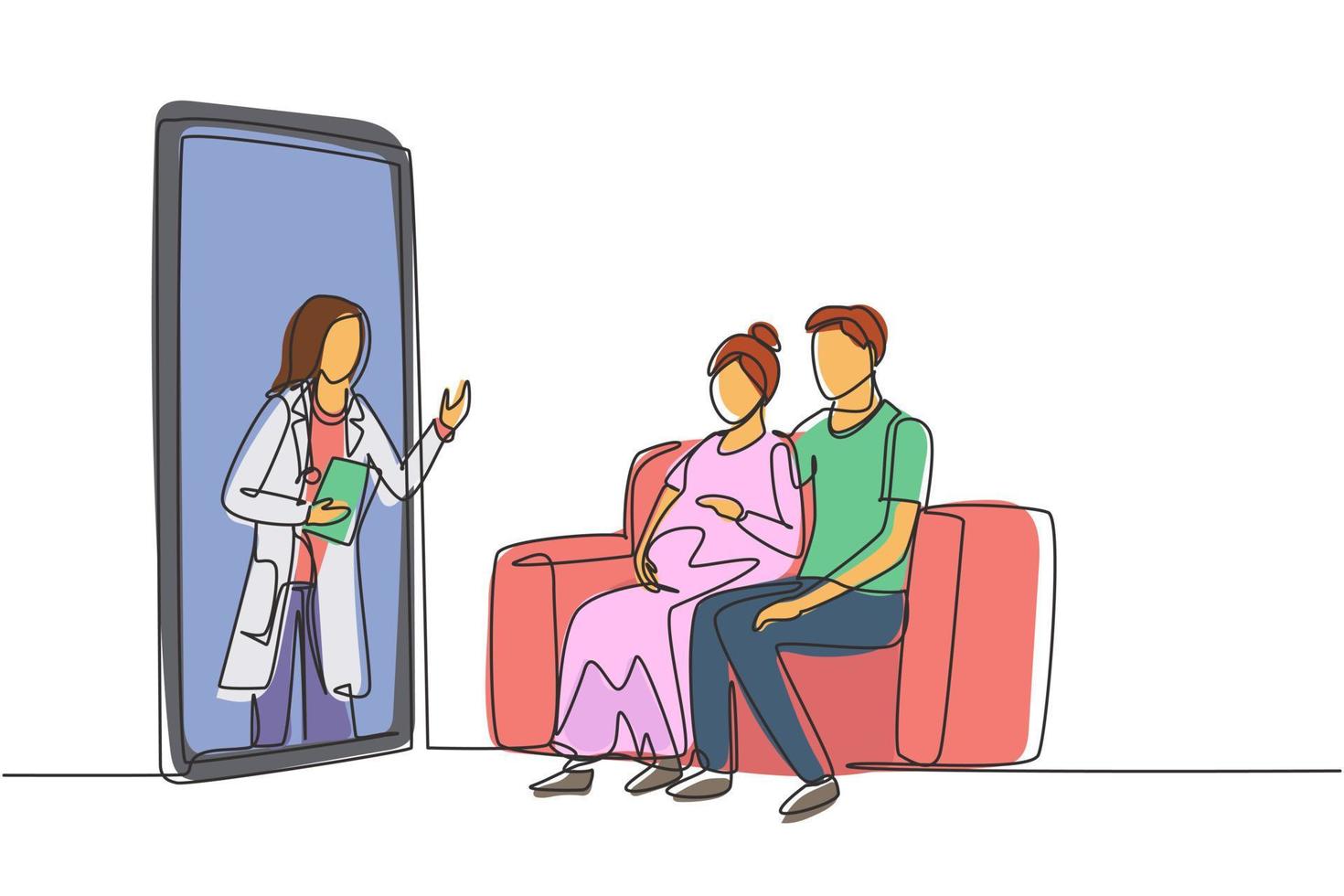 Una doctora de dibujo continuo de una línea sale de la pantalla del teléfono inteligente frente al paciente y consulta al paciente joven pareja con esposa embarazada. gráfico vectorial de diseño de dibujo de una sola línea vector