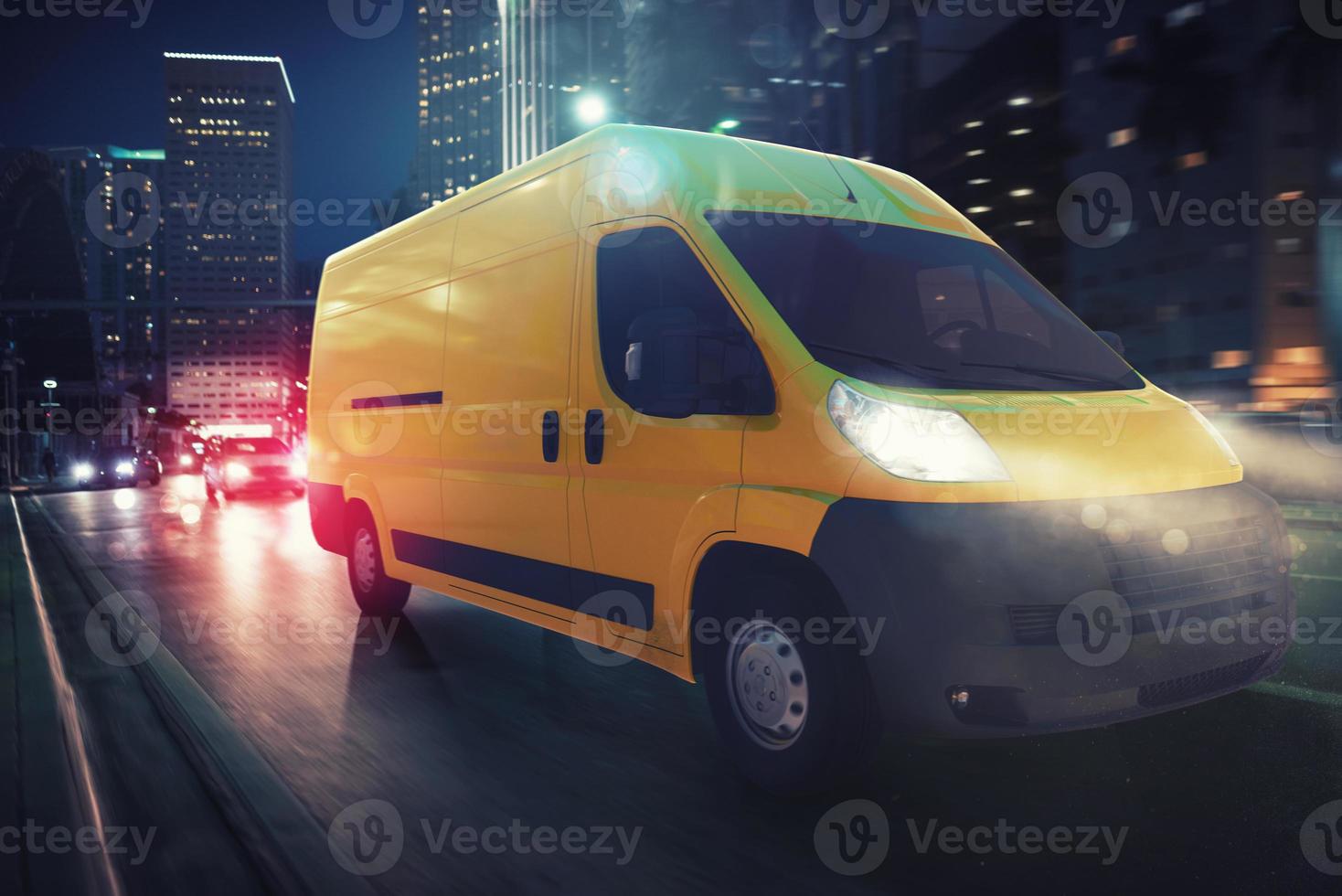 Fast van on a city road delivering at night. 3D Rendering photo