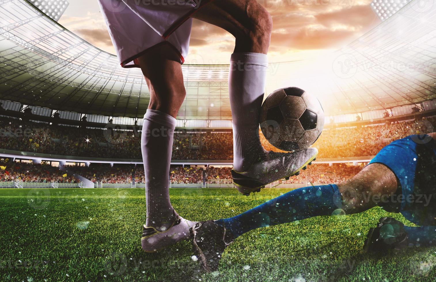 Soccer players with soccerball at the stadium during the match photo