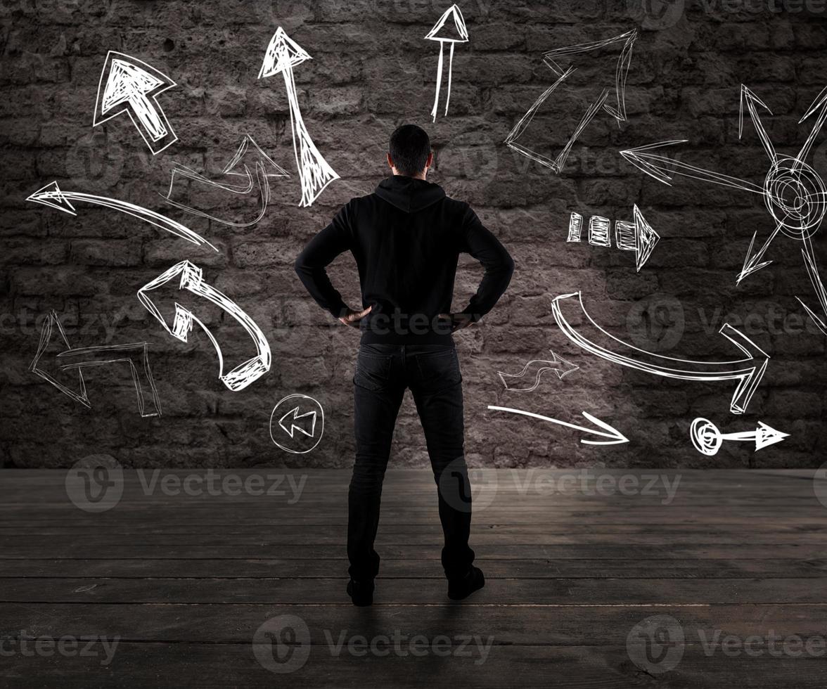 Man is undecided about the right way to follow photo
