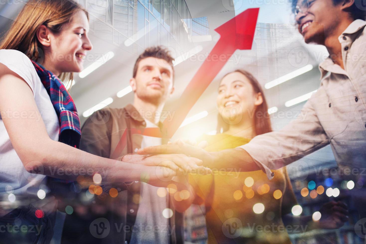Business person put their hands together. Concept of teamwork, agreement and partnership. Double exposure photo
