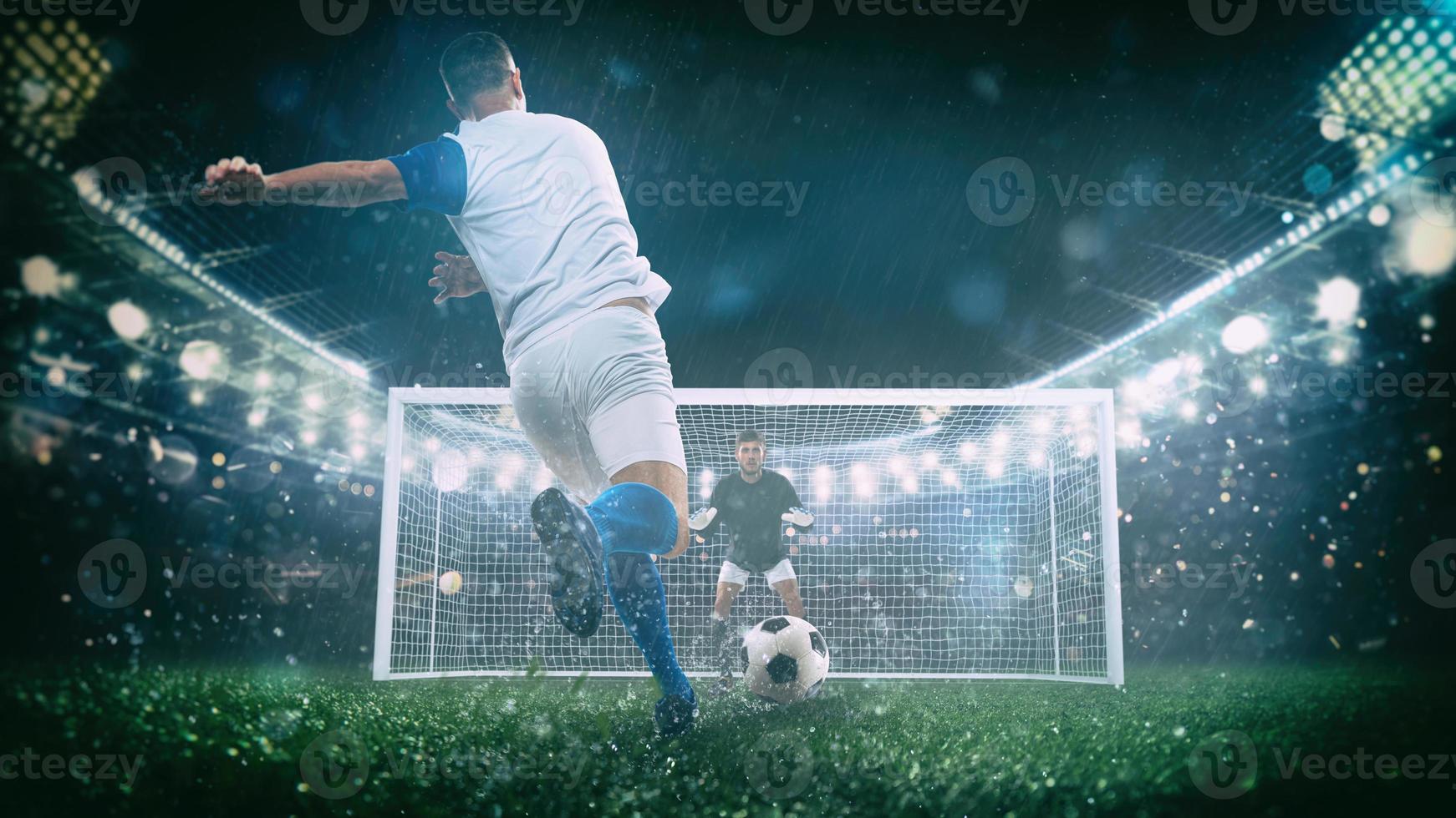 fútbol escena a noche partido con jugador en un blanco y azul uniforme pateando el multa patada foto