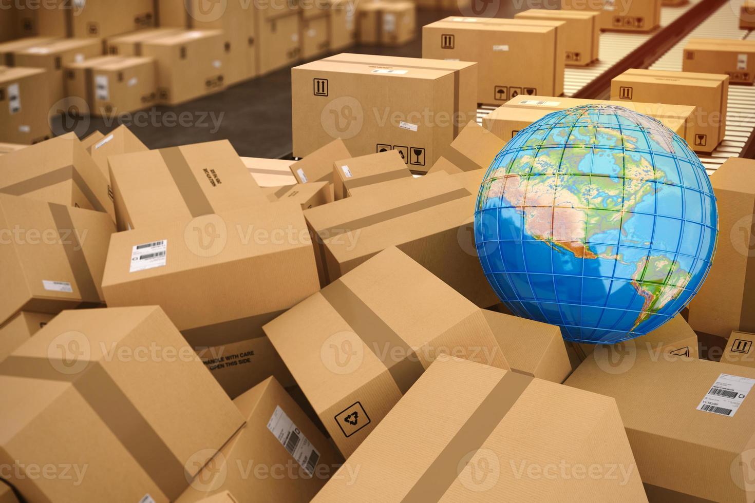 Boxes on conveyor roller. 3D Rendering photo