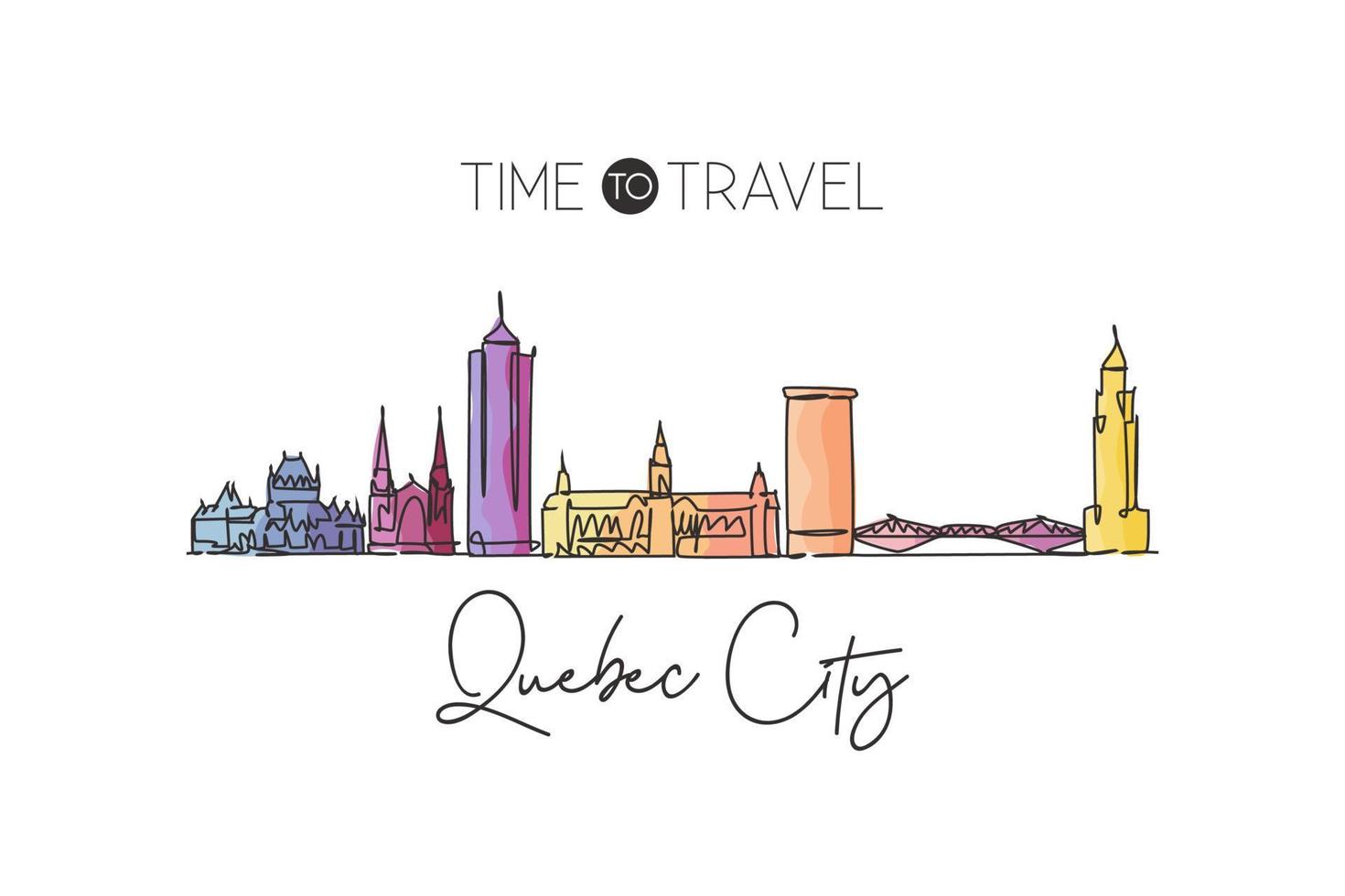 One single line drawing of Quebec city skyline, Canada. World historical town landscape. Best place holiday wall decor poster print destination. Trendy continuous line draw design vector illustration