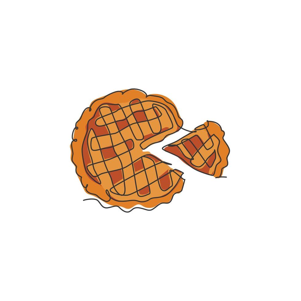 One continuous line drawing of fresh delicious American apple pie for restaurant menu logo emblem. Pastry food cafe shop logotype template concept. Modern single line draw design vector illustration