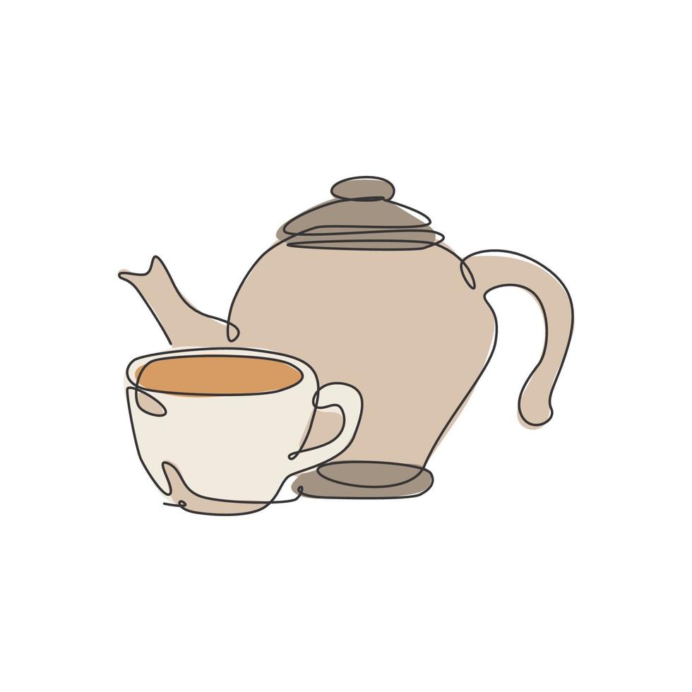 Single continuous line drawing of stylized clay ceramic teapot and porcelain cup of tea. Emblem beverage store concept. Modern one line draw design vector graphic illustration for cafe and drink shop