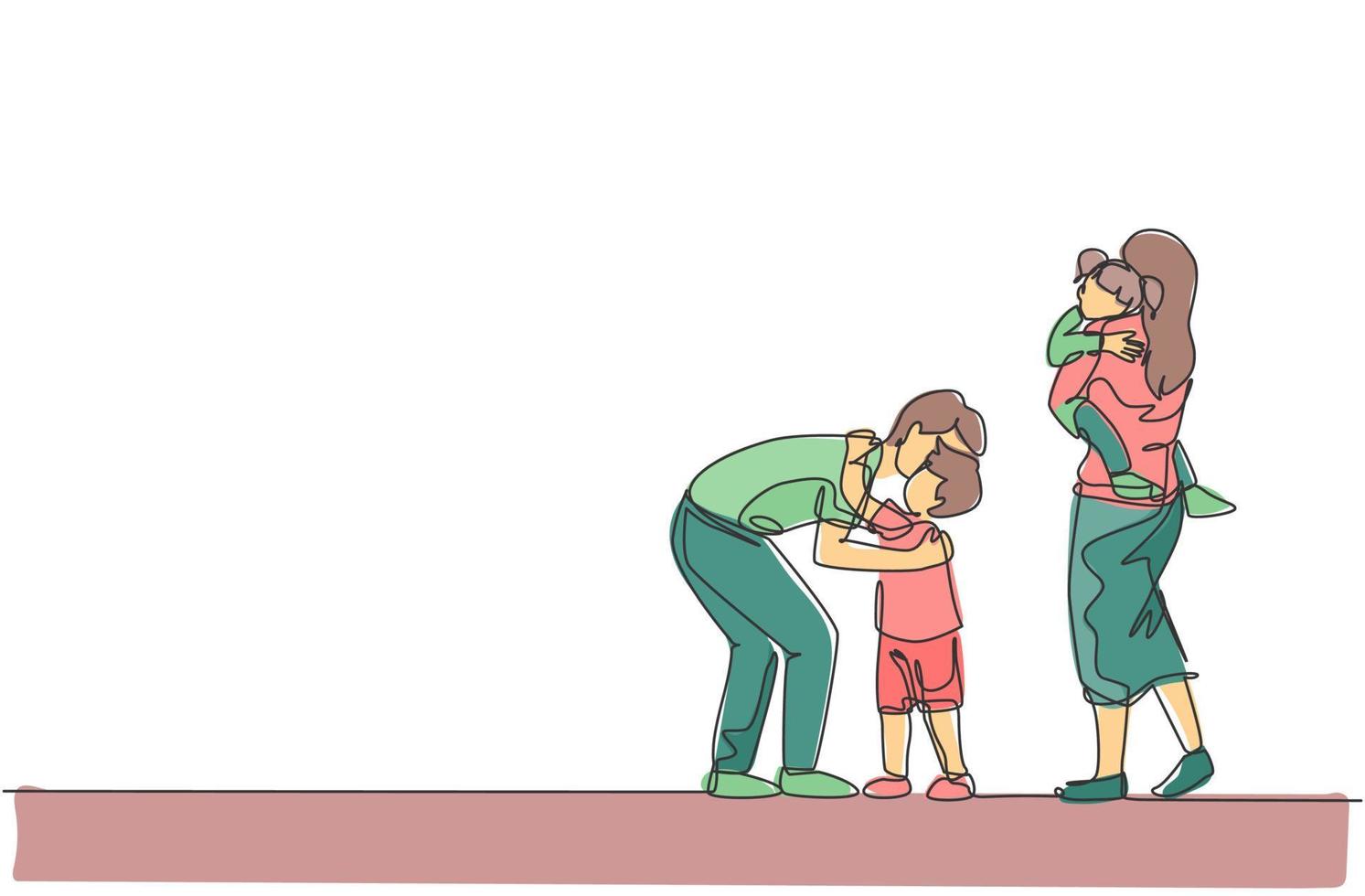 One single line drawing of young father hugging his son before go to the office while mom carrying daughter at home vector illustration. Happy family parenting concept. Continuous line draw design