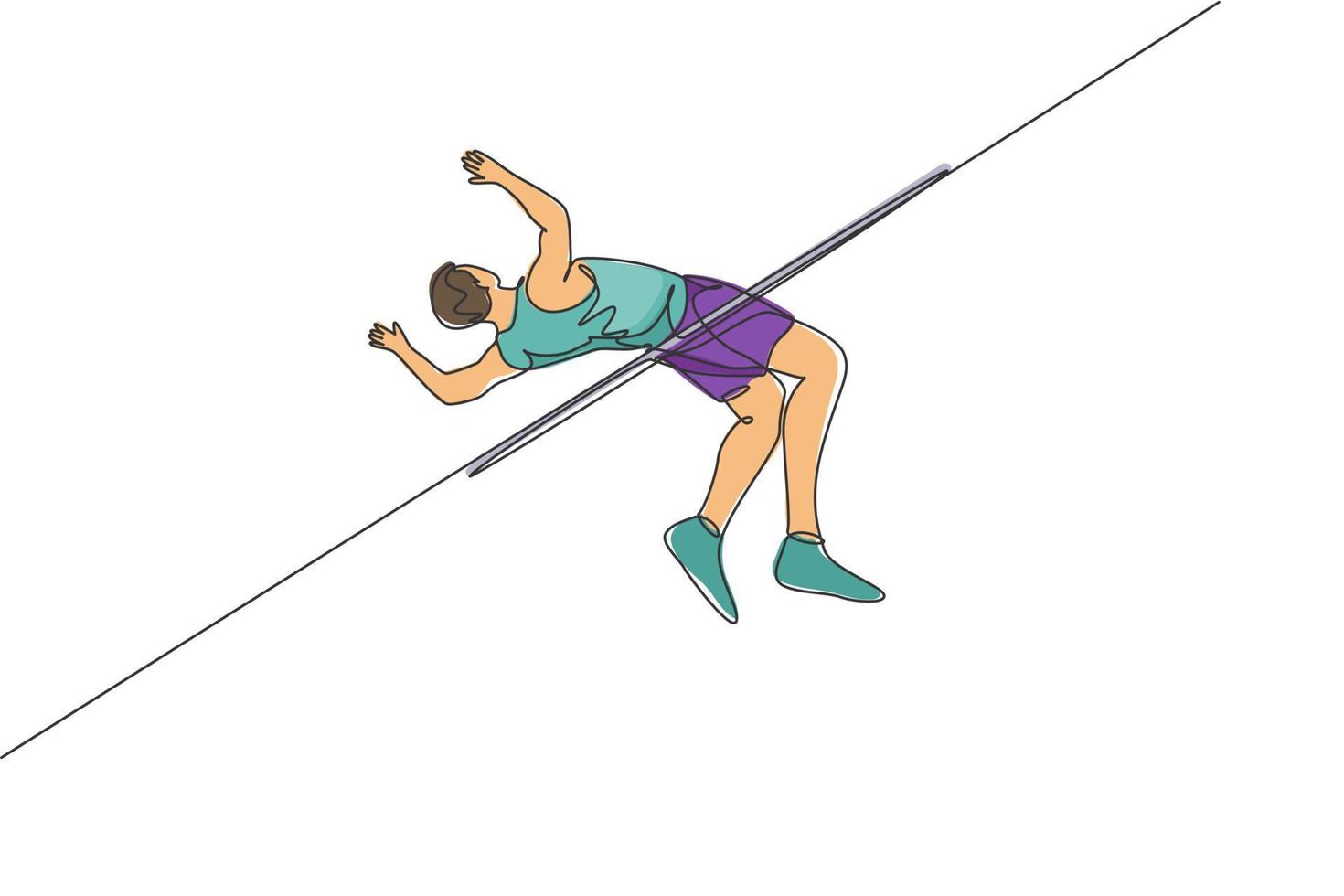 Single continuous line drawing young man training to pass the bar in high jump game in field. Healthy athletic sport concept. Tournament event. Trendy one line draw graphic design vector illustration