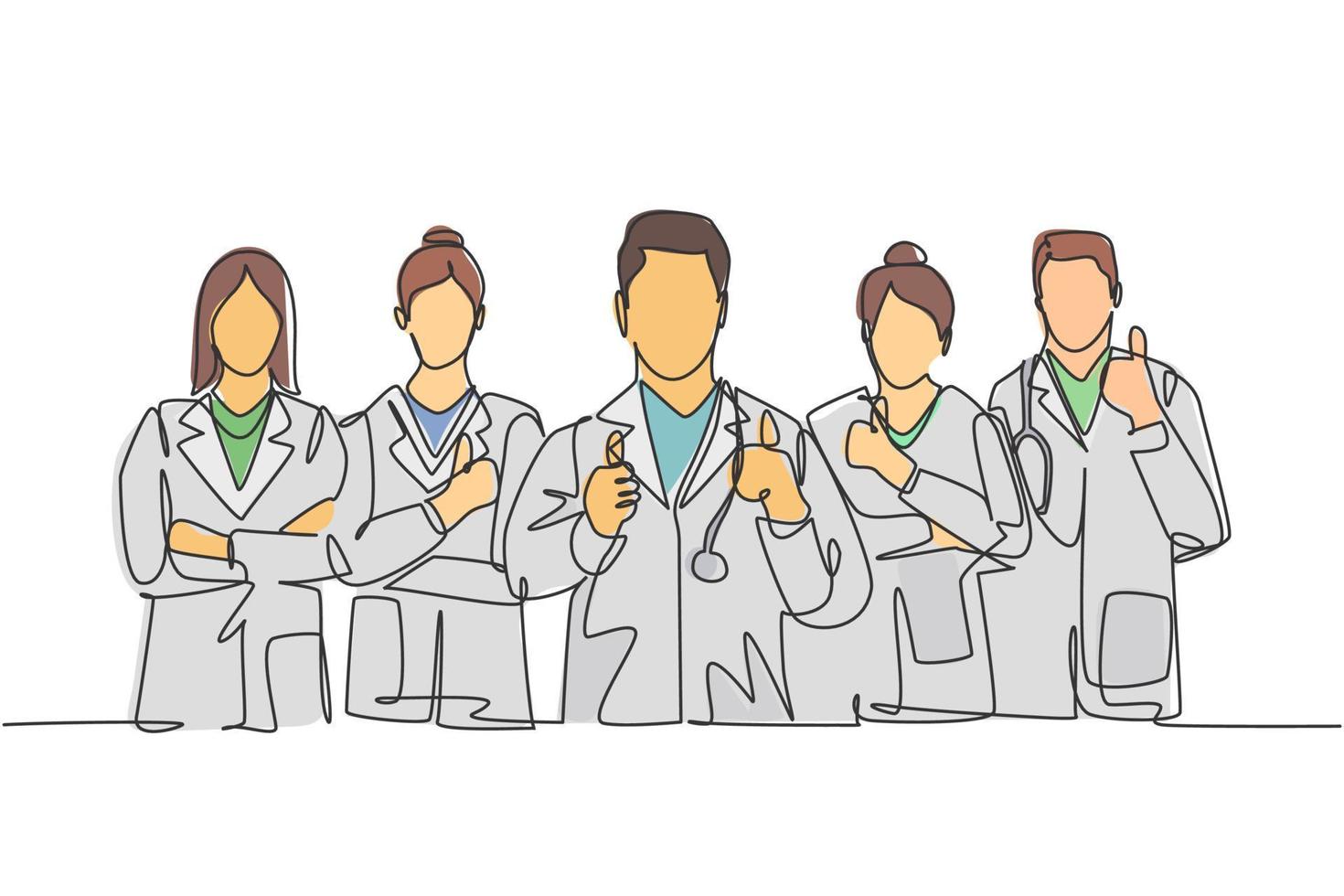 One line drawing of groups of young happy male and female doctors giving thumbs up gesture as service excellence symbol. Medical team work concept. Continuous line draw design vector illustration