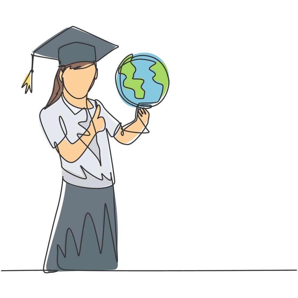 One line drawing of young happy female student carrying a globe and wearing graduation hat and giving thumbs up gesture. Education concept continuous line graphic draw design vector illustration