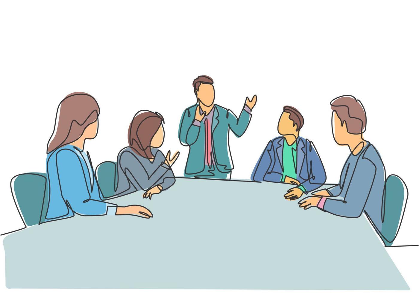 One continuous line drawing of young happy board of directors discussing company profit sharing during meeting. Business training concept. Trendy single line draw design vector graphic illustration