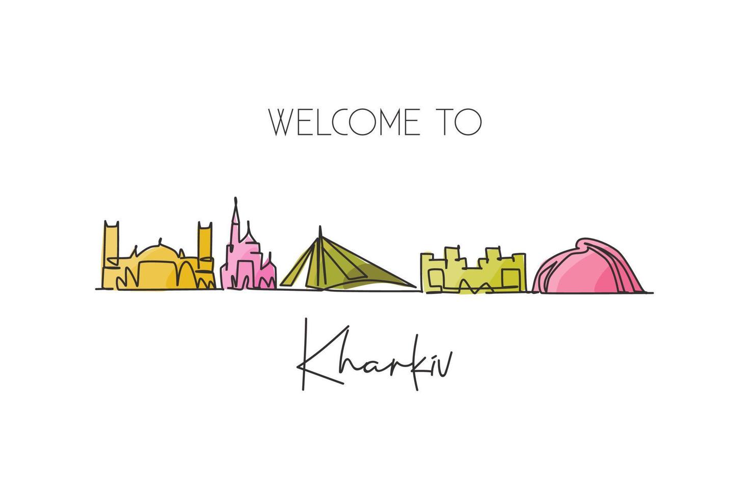 One single line drawing of Kharkiv city skyline, Ukraine. World town landscape home decor wall art poster print. Best place holiday destination. Trendy continuous line draw design vector illustration