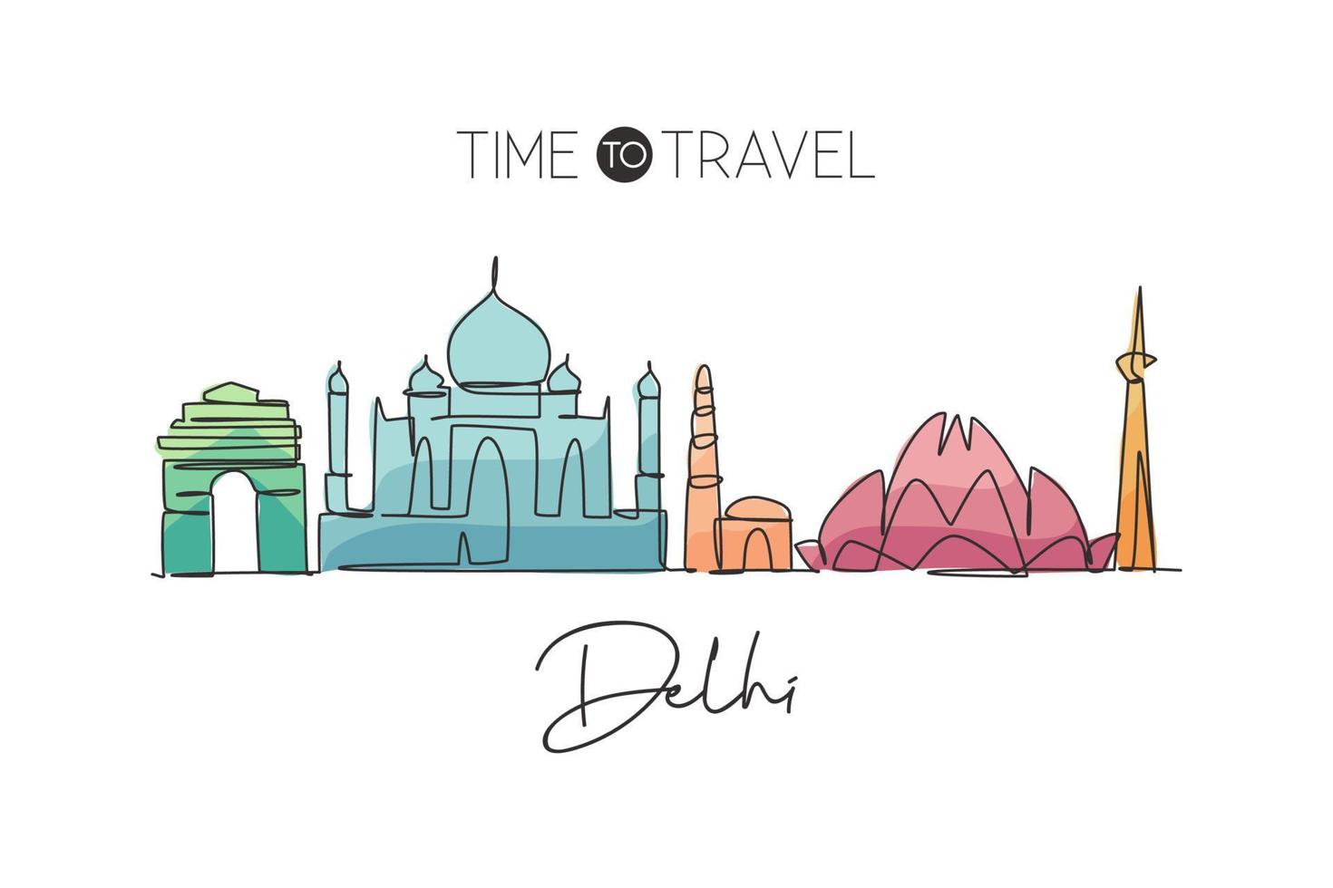 Single continuous line drawing of Delhi skyline, India. Famous city scraper landscape home wall decor art poster print. World travel concept. Modern one line draw graphic design vector illustration