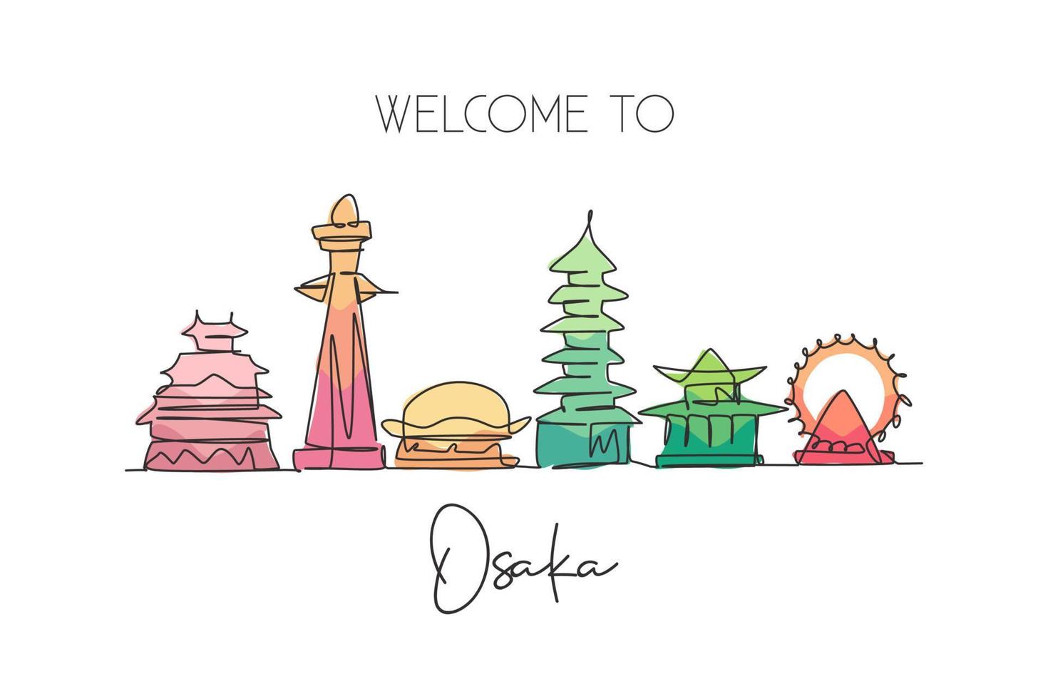 One continuous line drawing of Osaka city skyline, Japan. Beautiful landmark. World landscape tourism and travel vacation poster. Editable stylish stroke single line draw design vector illustration