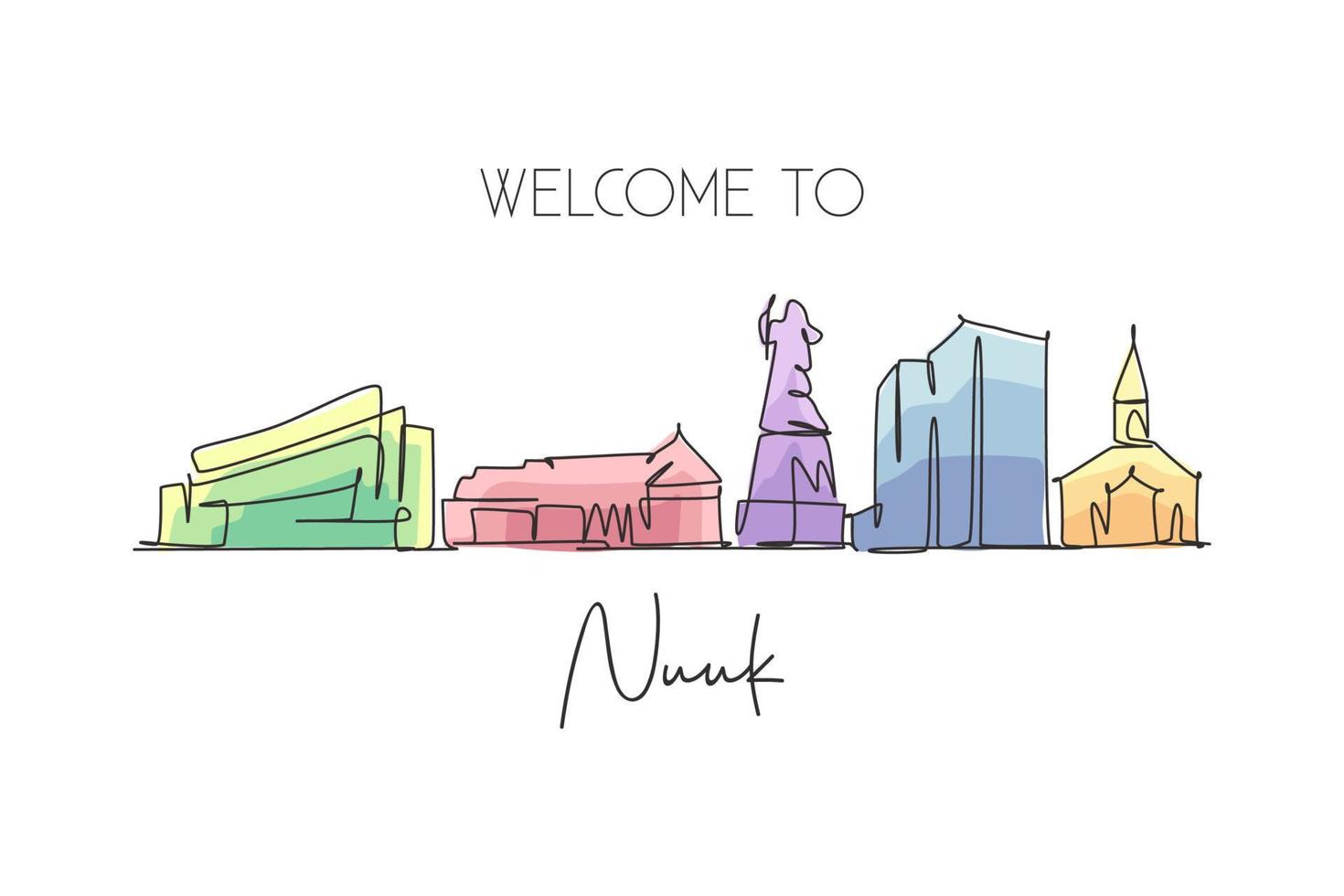 Single continuous line drawing Nuuk city skyline, Greenland. Famous city scraper landscape postcard. World travel destination concept. Editable stroke modern one line draw design vector illustration