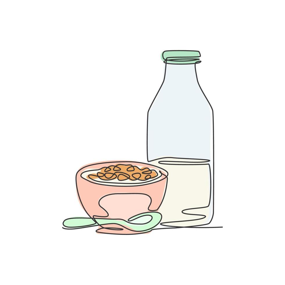 One continuous line drawing fresh delicious bowl of cereal breakfast and a bottle of milk. Healthy breakfast template concept. Modern single line draw design natural food graphic vector illustration