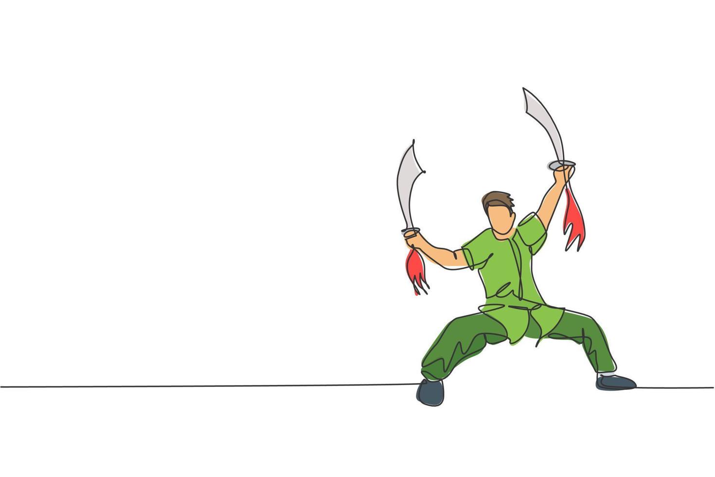 Single continuous line drawing young man wushu fighter, kung fu master in uniform training with swords at dojo center. Fighting contest concept. Trendy one line draw graphic design vector illustration