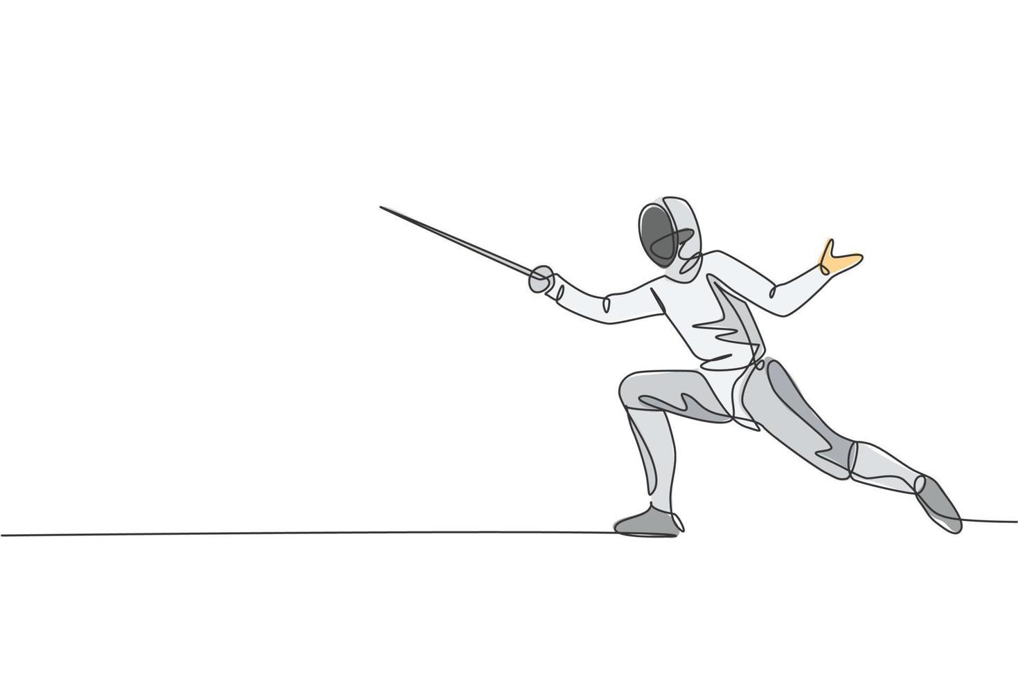 One single line drawing of young man fencer athlete in fencing costume exercising motion on sport arena vector illustration. Combative and fighting sport concept. Modern continuous line draw design