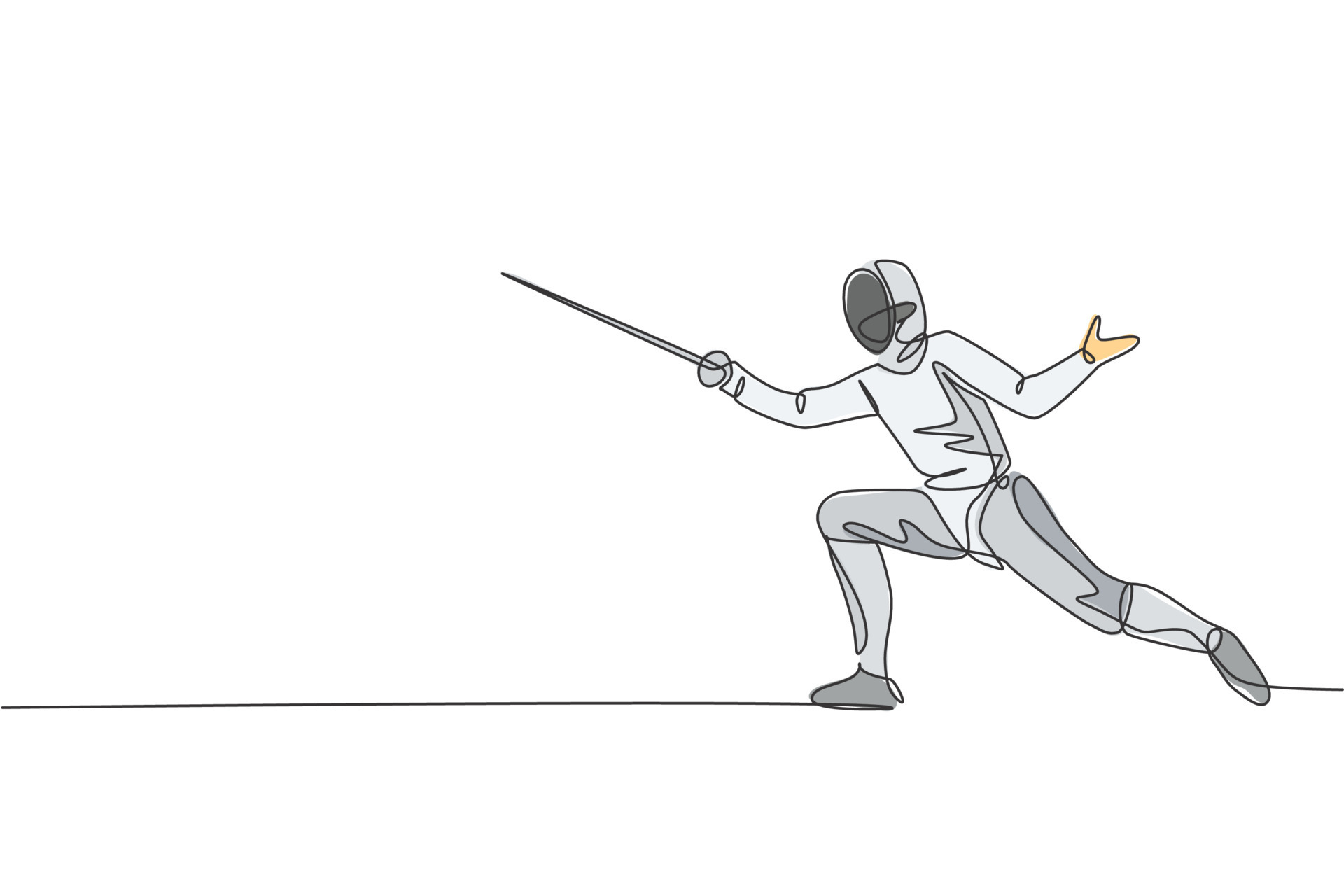 One single line drawing of young man fencer athlete in fencing costume ...