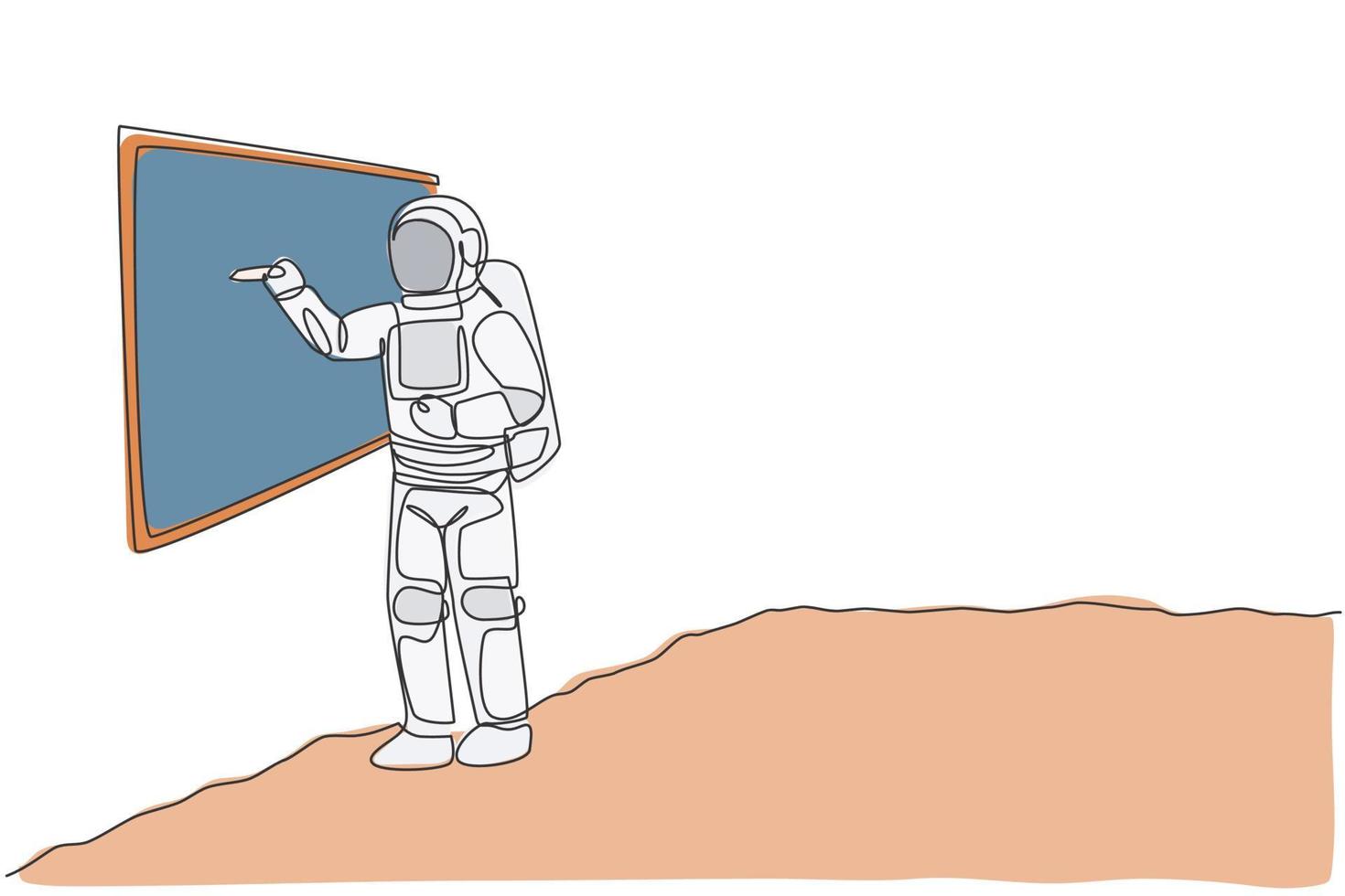 un dibujo de línea continua del joven astronauta explicando la fórmula y escribiendo en la pizarra en la superficie de la luna. concepto de espacio de galaxia cósmica. Ilustración de vector de diseño gráfico de dibujo de línea única dinámica