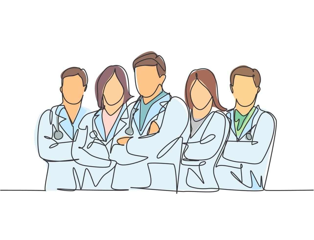 One single line drawing of group of male doctor and female doctor line up to celebrate their successful surgery operation. Team work success concept continuous line draw design vector illustration