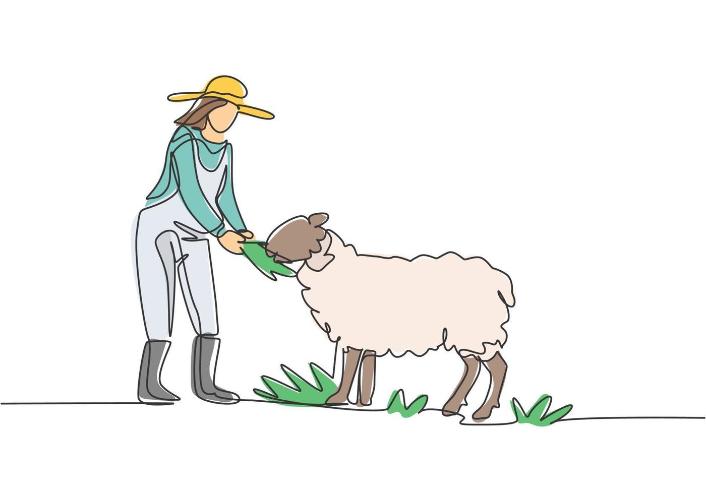 Single continuous line drawing young female farmer is feeding the sheep so that the sheep will be healthy and produce best meat. Minimalism concept. One line draw graphic design vector illustration.