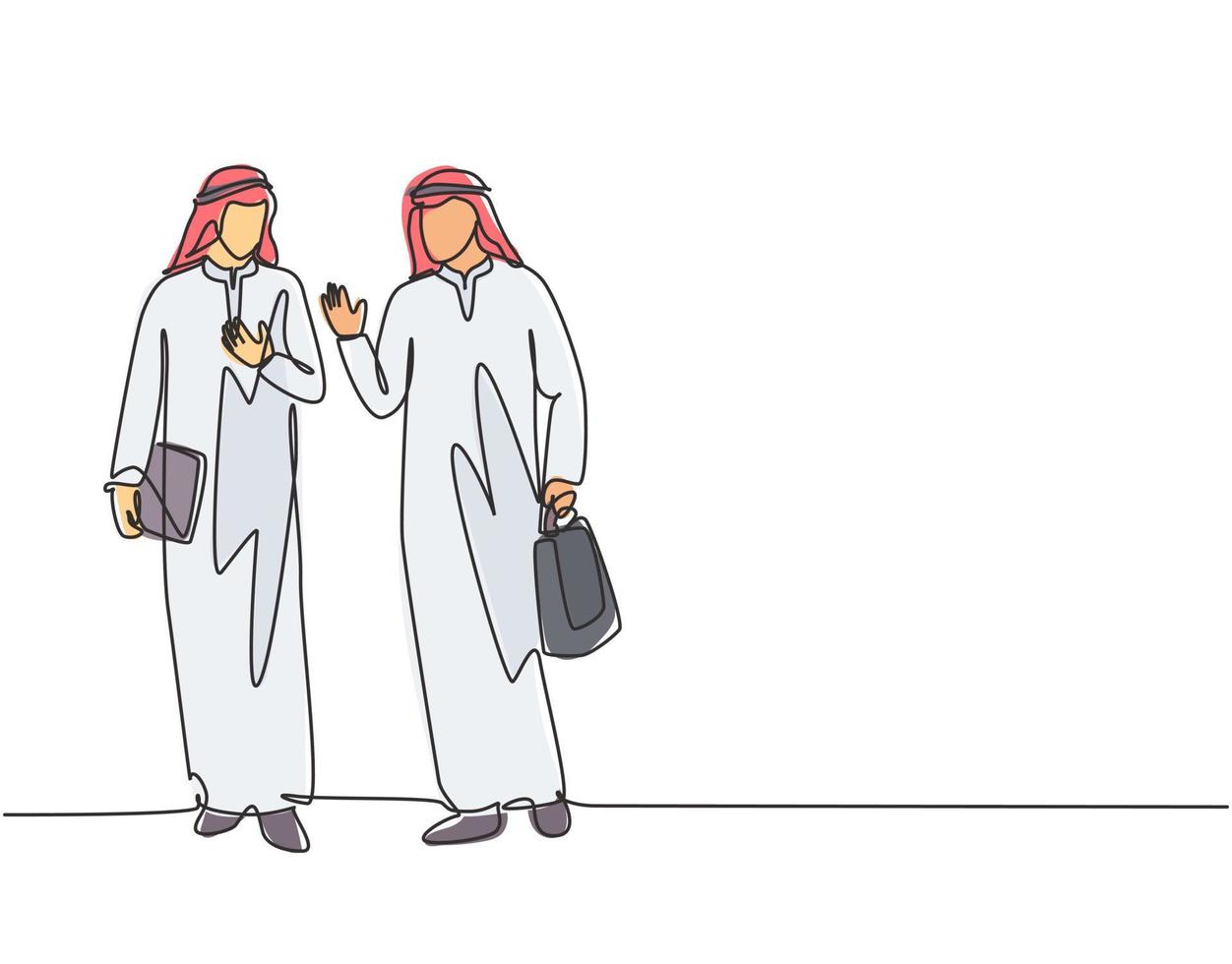 Single continuous line drawing of young muslim businessmen walking together while go back home after work hours. Arab middle east cloth kandura, thawb, robe, hijab. One draw design vector illustration