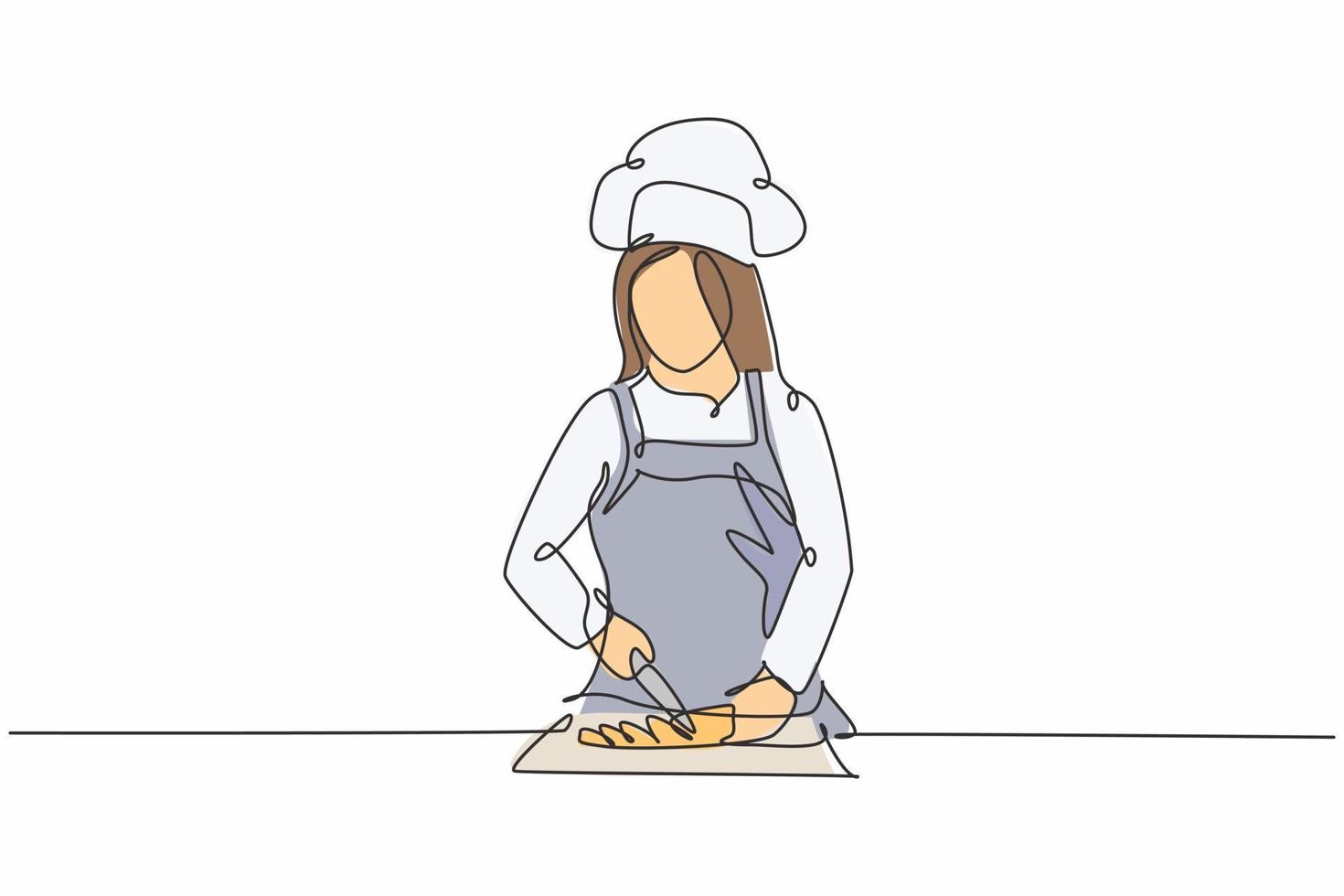 Dibujo de una sola línea de joven chef mujer atractiva feliz cortando verduras en la tabla de cortar de madera para preparar la comida. plantilla moderna una línea dibujada a mano ilustración vectorial estilo minimalista vector