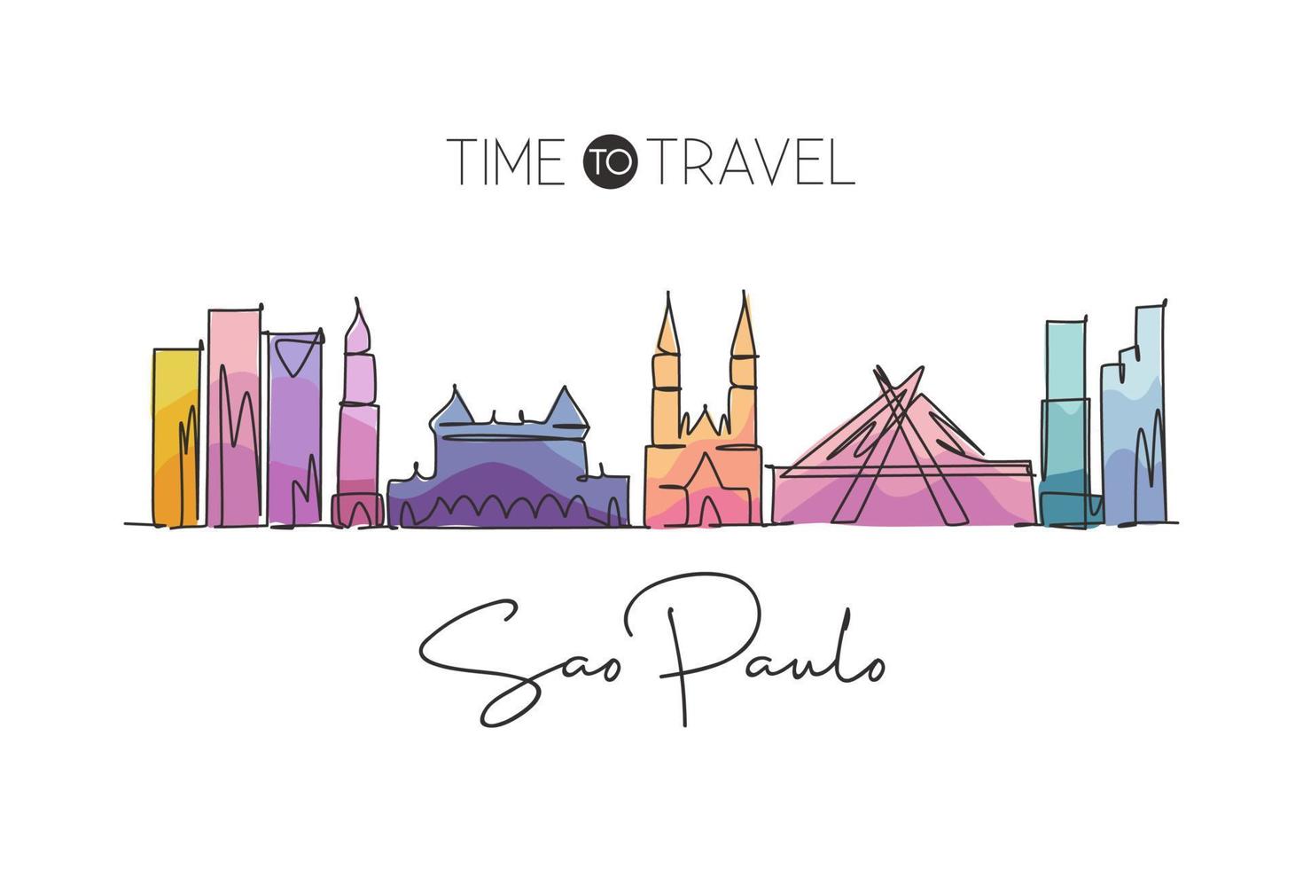 Single continuous line drawing Sao Paulo city skyline, Brazil. Famous city scraper landscape. World travel destination postcard concept. Editable stroke modern one line draw design vector illustration