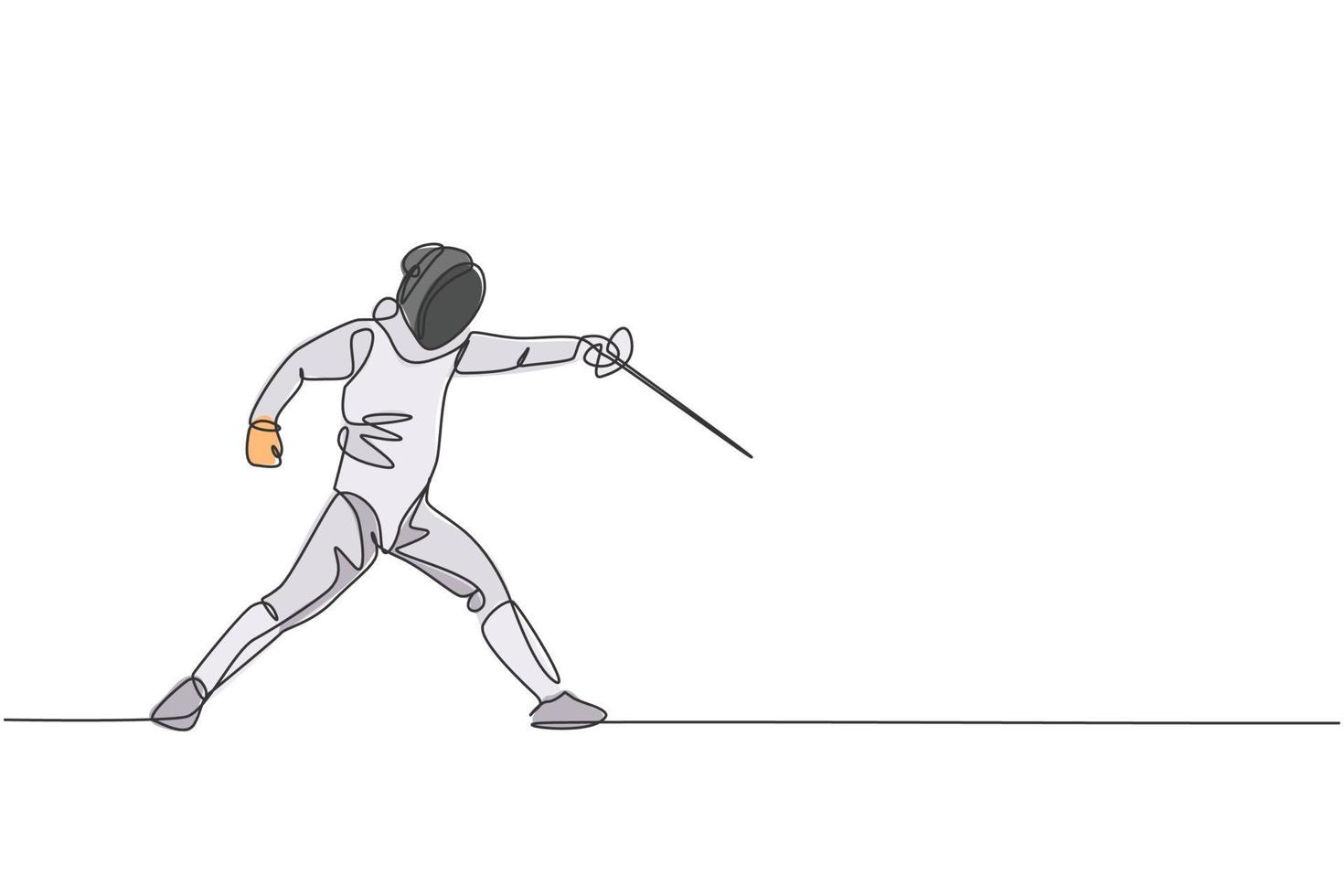 One continuous line drawing of young man fencing athlete practice fighting on professional sport arena. Fencing costume and holding sword concept. Dynamic single line draw design vector illustration