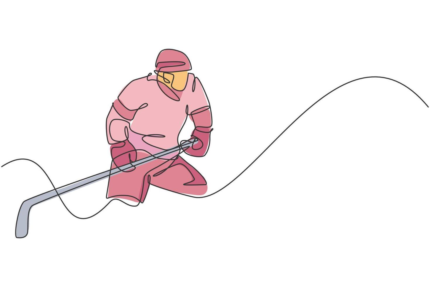 One continuous line drawing of young professional ice hockey player exercising and practicing on ice rink stadium. Healthy extreme sport concept. Dynamic single line draw design vector illustration