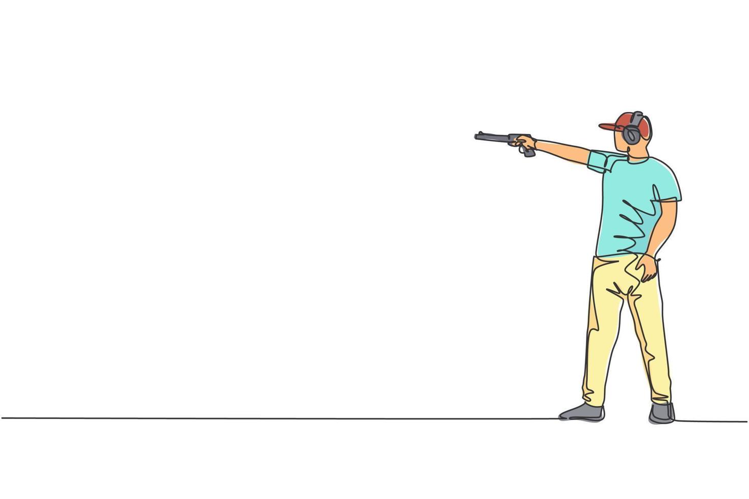 un dibujo de línea continua de un joven en la práctica del campo de entrenamiento de tiro para competir con una pistola. concepto de deporte de tiro al aire libre. Ilustración de vector de diseño de dibujo de línea única dinámica