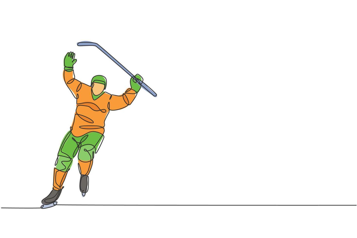 One single line drawing young ice hockey player in action to celebrate a goal at the game on ice rink stadium graphic vector illustration. Sport tournament concept. Modern continuous line draw design