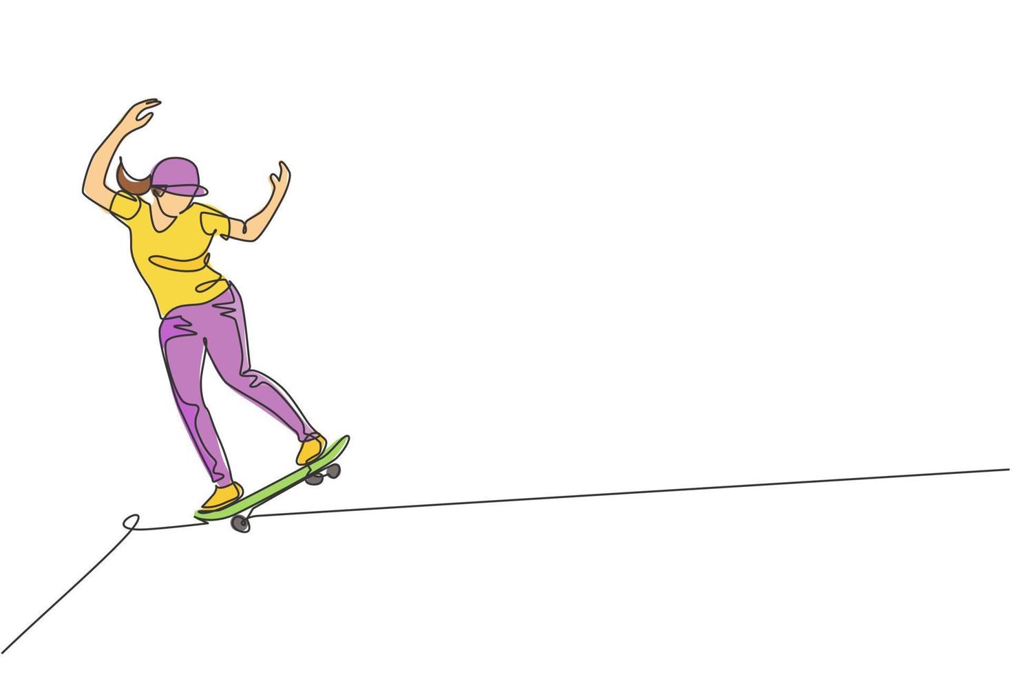 One continuous line drawing young cool skateboarder man riding skateboard doing a slide trick in skatepark. Extreme teenager sport concept. Dynamic single line draw design vector graphic illustration