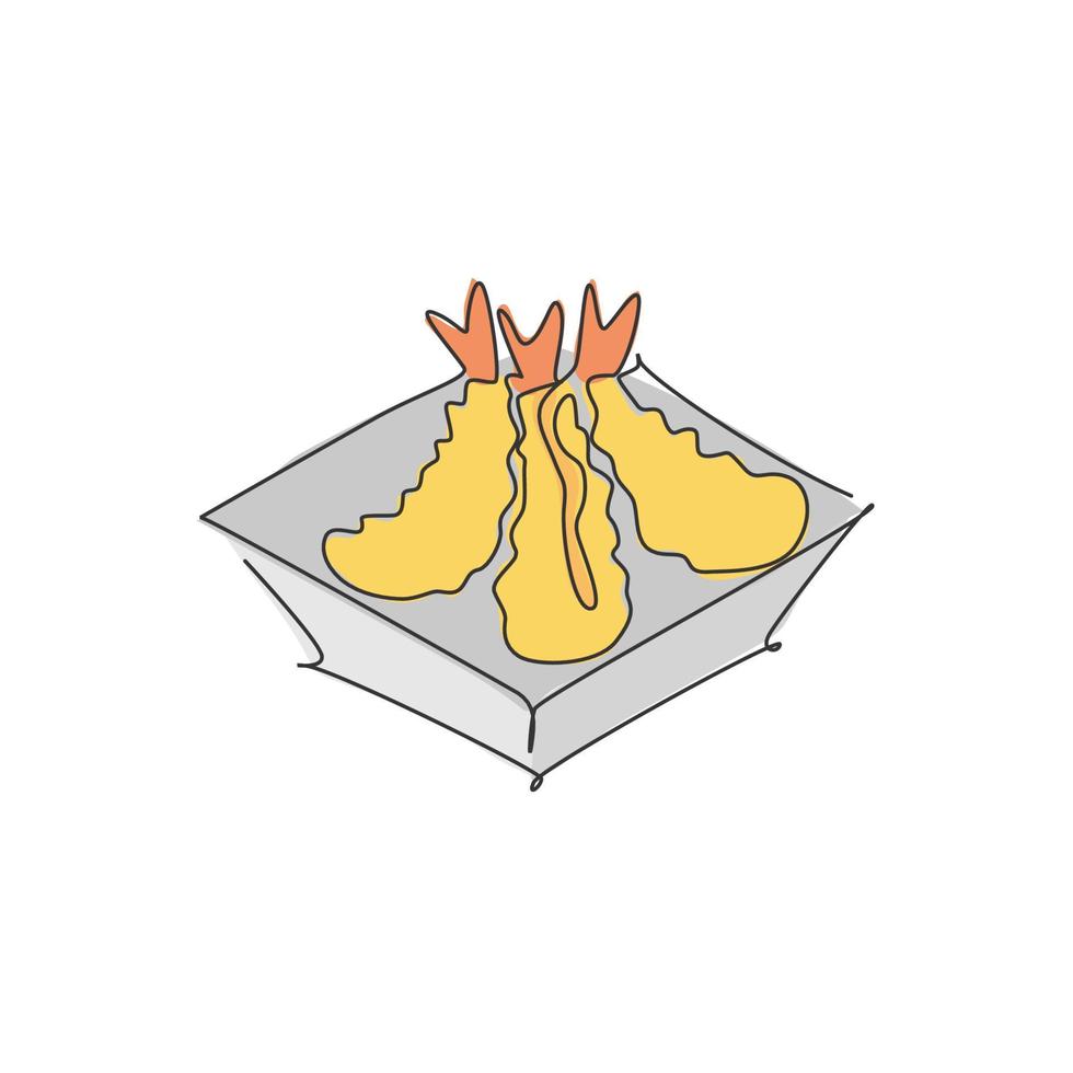 Single continuous line drawing of stylized Japanese prawn tempura logo label. Emblem seafood restaurant concept. Modern one line draw design vector illustration for cafe, shop or food delivery service