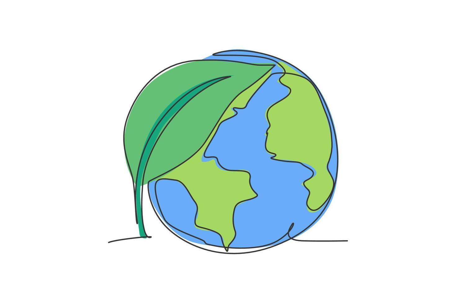 Green leaf on earth globe. Continuous one line drawing nature leaf minimalist vector illustration design on white background. Simple line modern graphic style. Hand drawn graphic natural concept