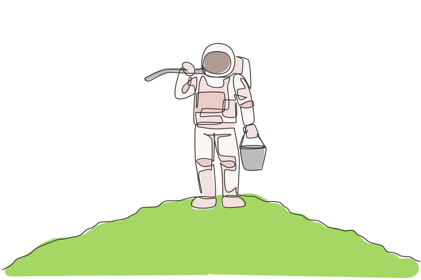 Single continuous line drawing of cosmonaut carrying bucket and hoe on shoulder while standing in moon surface. Galaxy astronaut farming life concept. Trendy one line draw design vector illustration