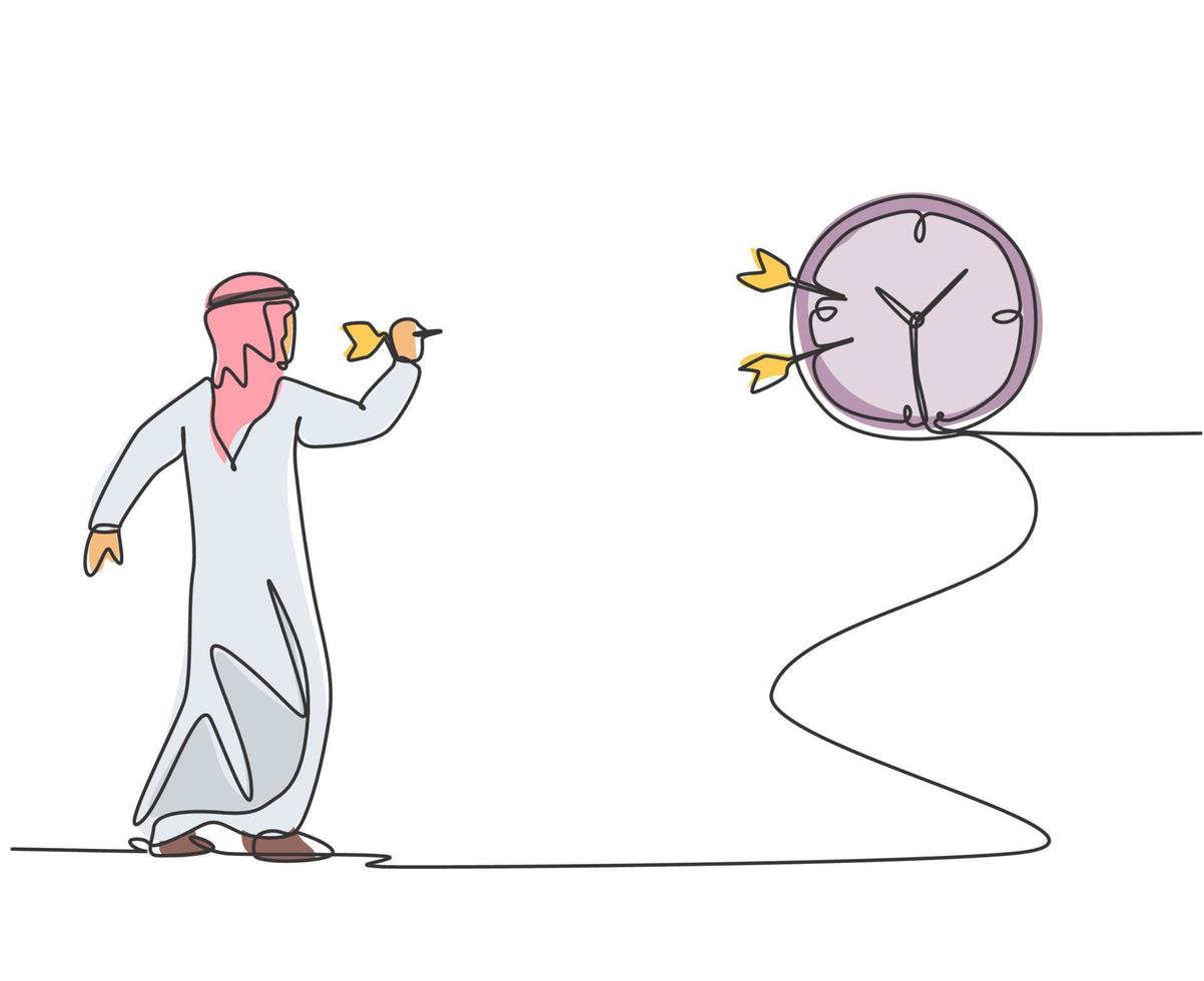 Single continuous line drawing young Arab business man hit the analog clock on wall with dart arrow. Focus target business metaphor concept. Dynamic one line draw graphic design vector illustration.