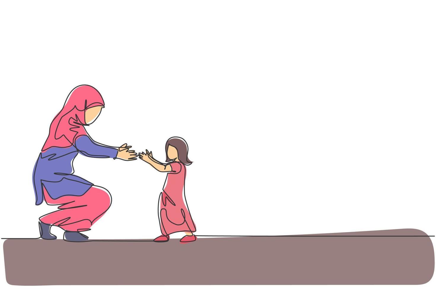 One continuous line drawing of young Islamic toddler daughter learn to walk while mom ready to catch. Happy Arabian muslim parenting family concept. Dynamic single line draw design vector illustration